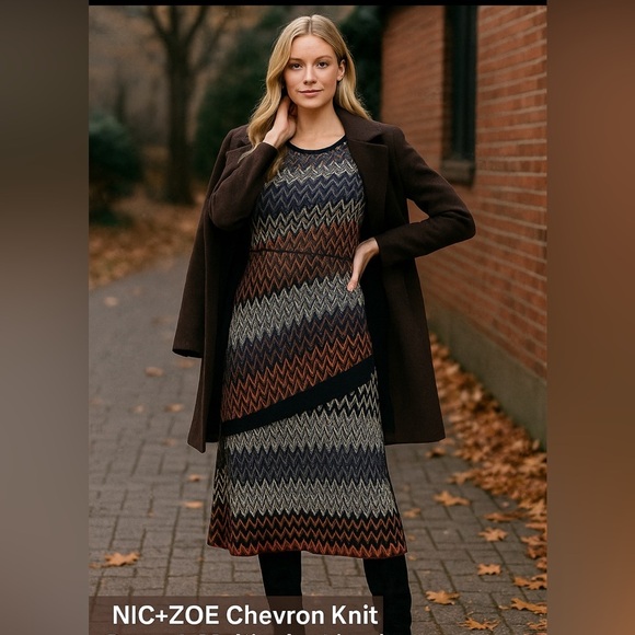 NIC+ZOE Dresses & Skirts - NIC+ZOE Chevron Knit Dress L Multicolor Lined Long Sleeve Fall OfficeCore Casual